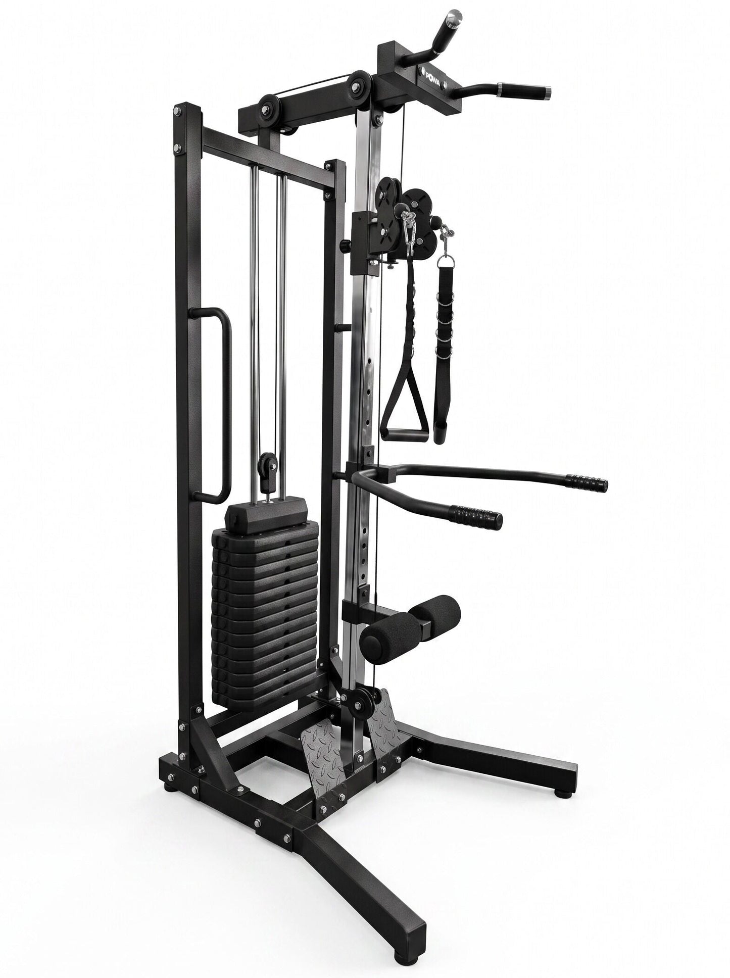 A black multi-functional cable pulley gym machine with various attachments, shown on a solid white background.