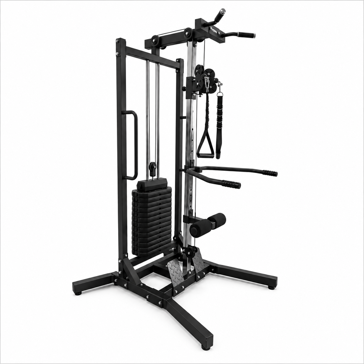 A black multi-functional cable pulley gym machine with weight stacks, handles, and resistance bands, shown on a solid white background.
