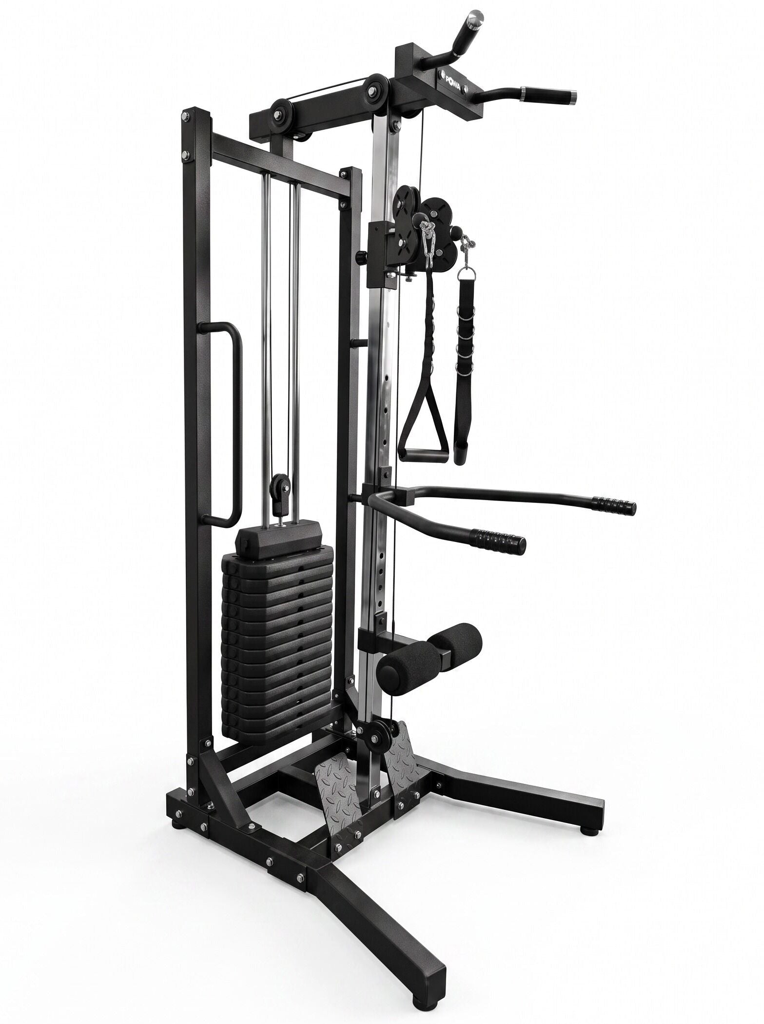 A black multi-functional cable pulley gym machine with various attachments, shown on a solid white background.