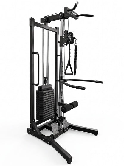 A black multi-functional cable pulley gym machine with various attachments, shown on a solid white background.