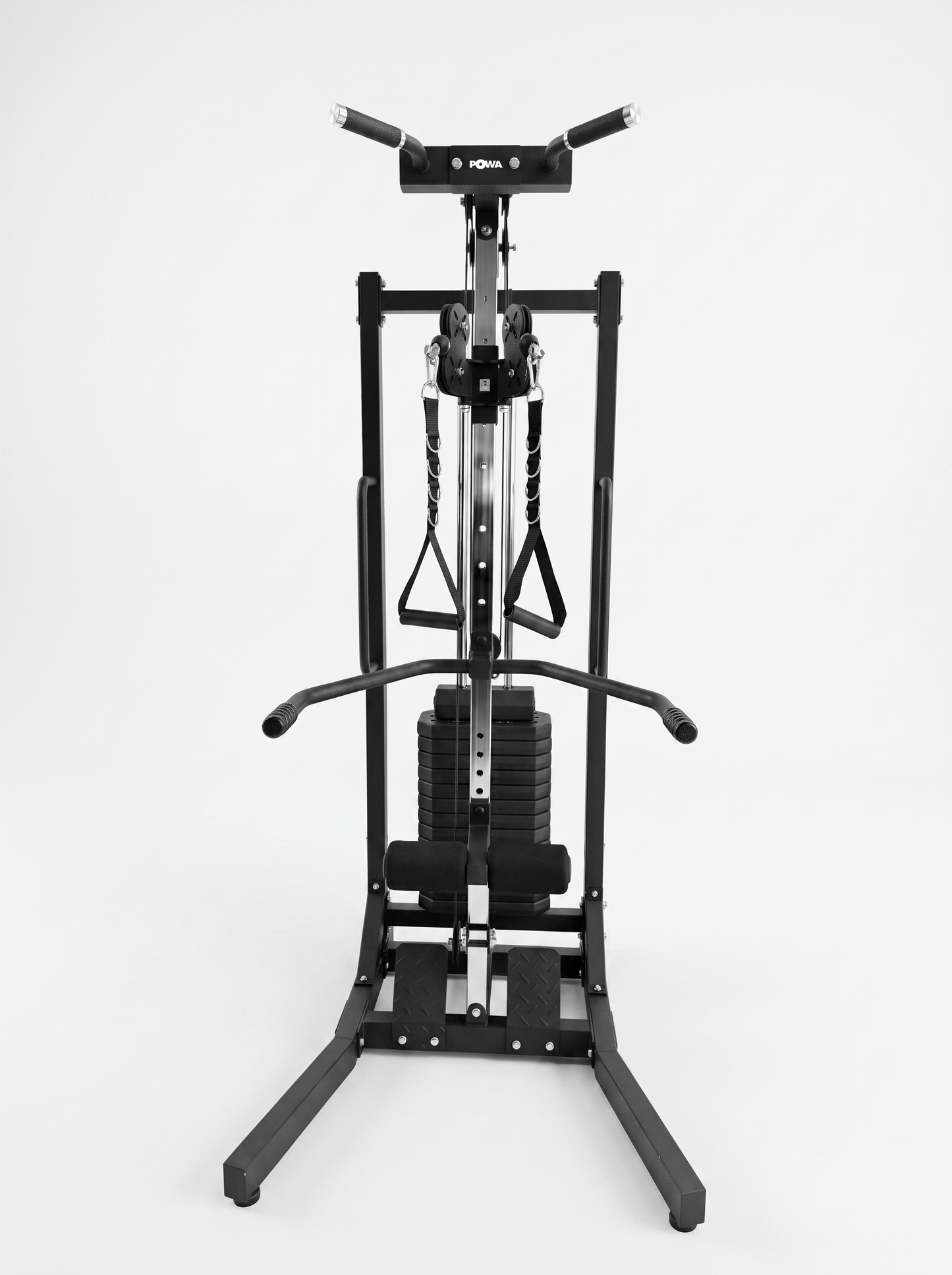 A black multi-functional home gym cable machine with weight stacks and resistance bands, photographed against a seamless white studio background.