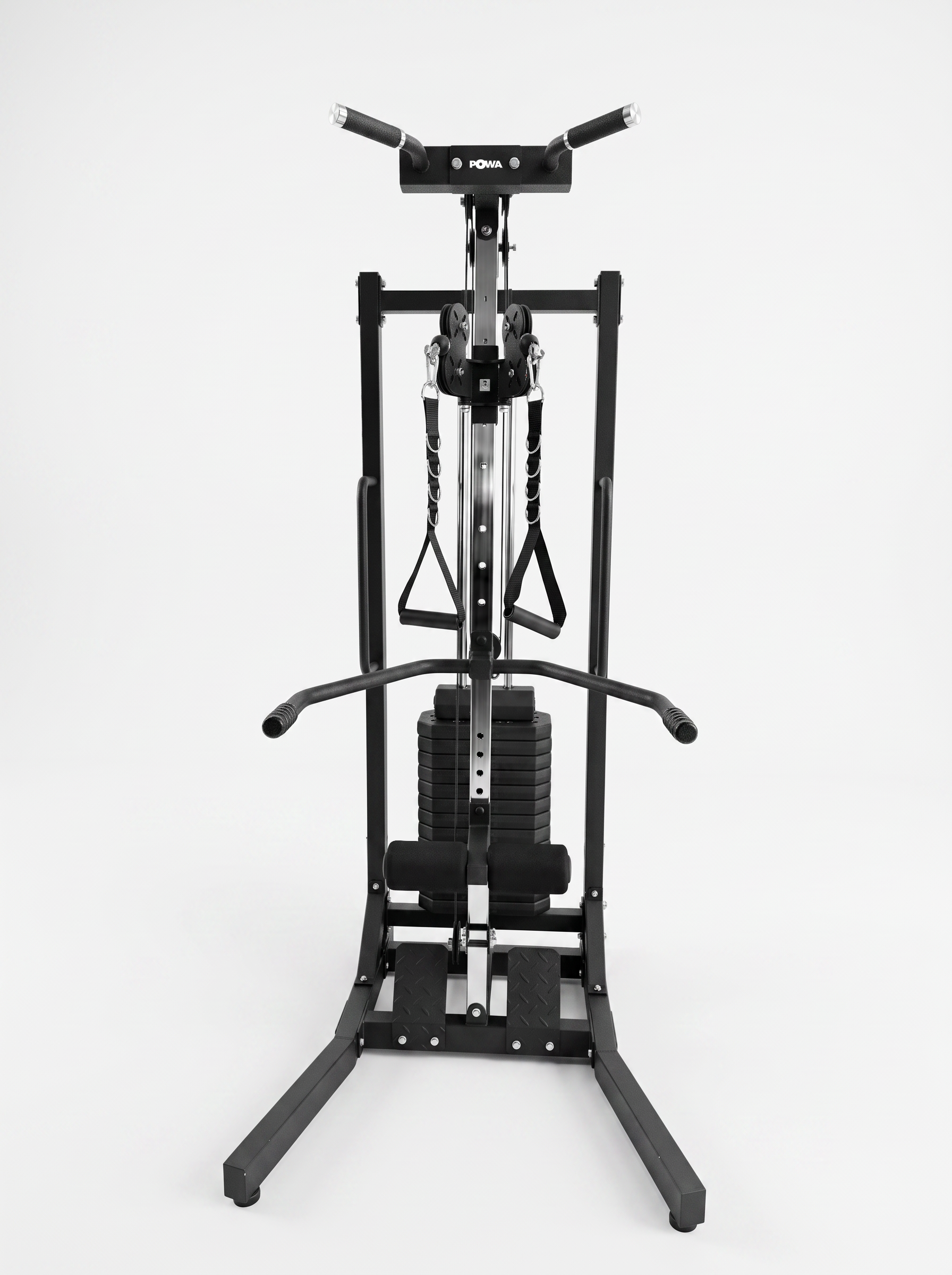 A black multi-functional home gym cable machine with weight stacks and resistance bands, photographed against a seamless white studio background.