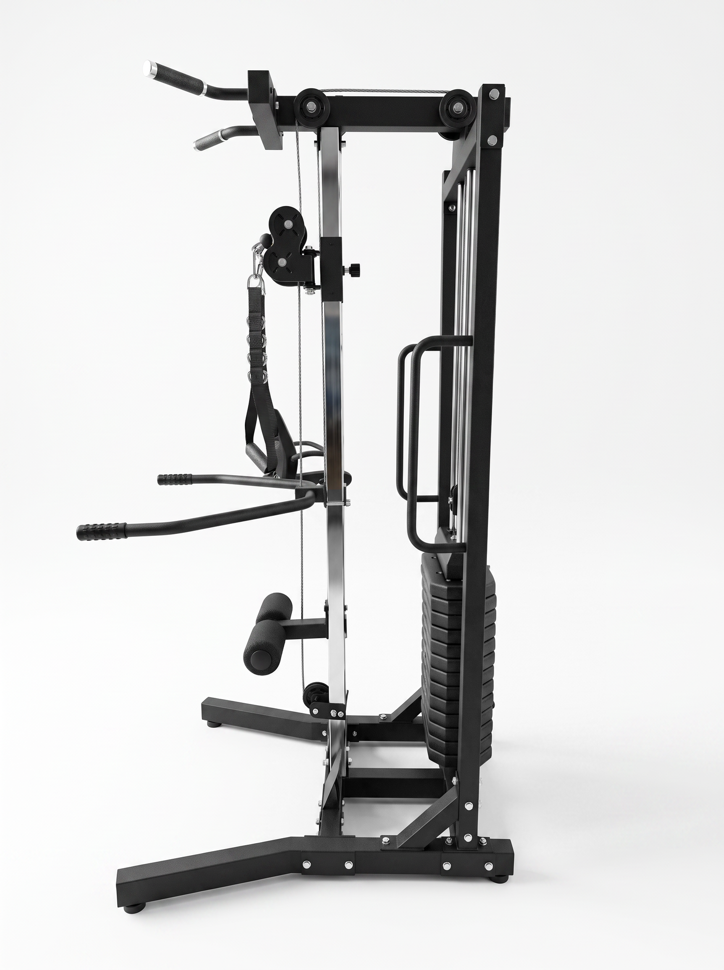 A black and silver steel cable pulley gym machine with a vertical handlebar, rope handles, and a textured weight stack, shown from a side profile on a light gray background.