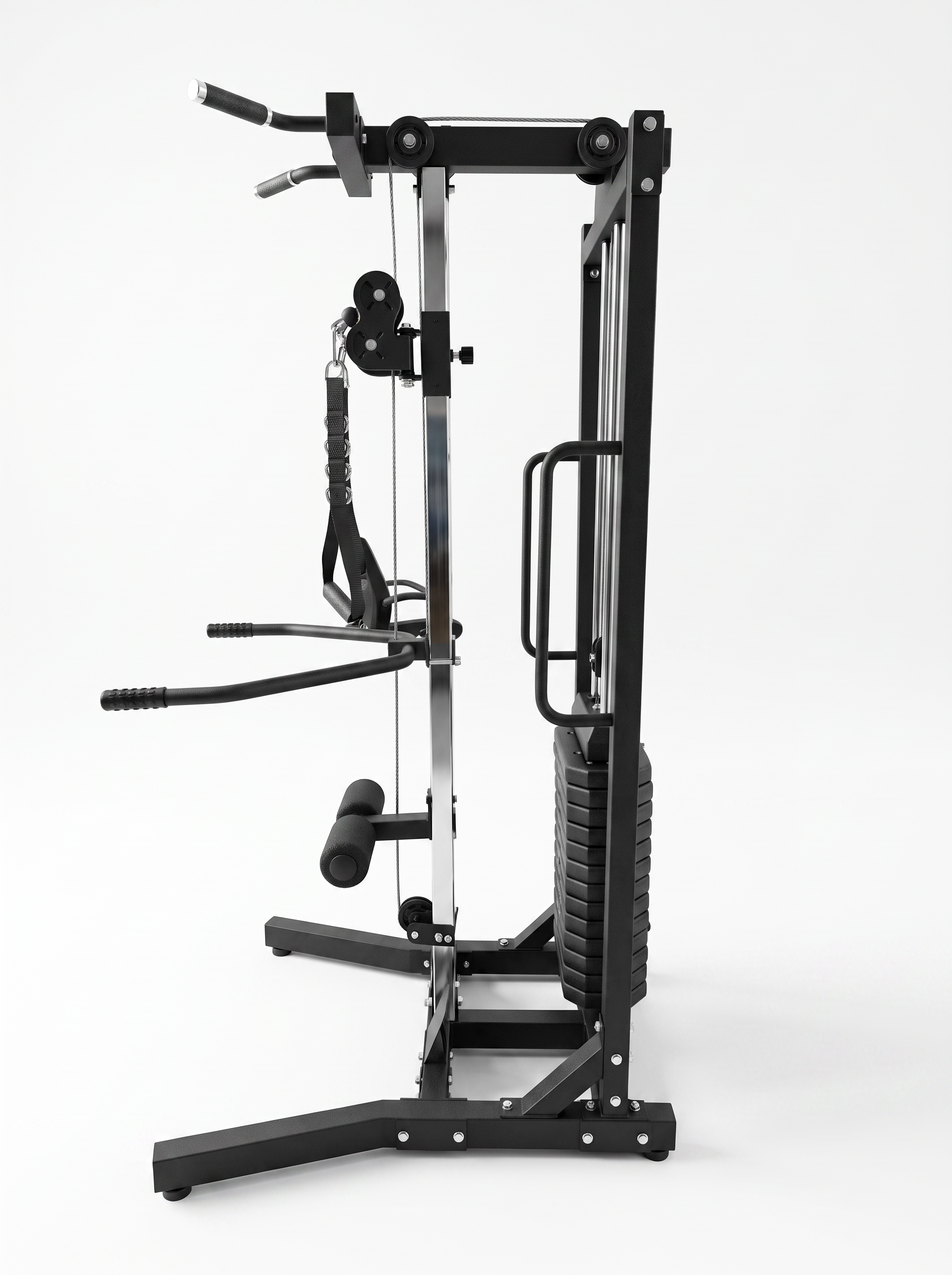 A black and silver steel cable pulley gym machine with a vertical handlebar, rope handles, and a textured weight stack, shown from a side profile on a light gray background.