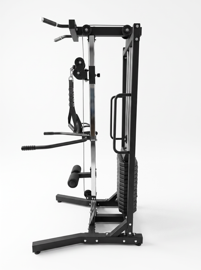 A black and silver steel cable pulley gym machine with a vertical handlebar, rope handles, and a textured weight stack, shown from a side profile on a light gray background.